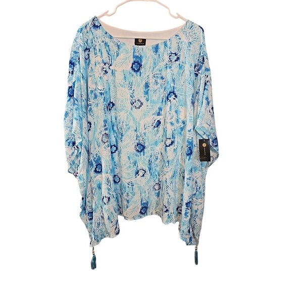 JM Collection Size 2X Tunic Top fully lined blue white tassels poncho style New - Picture 1 of 13